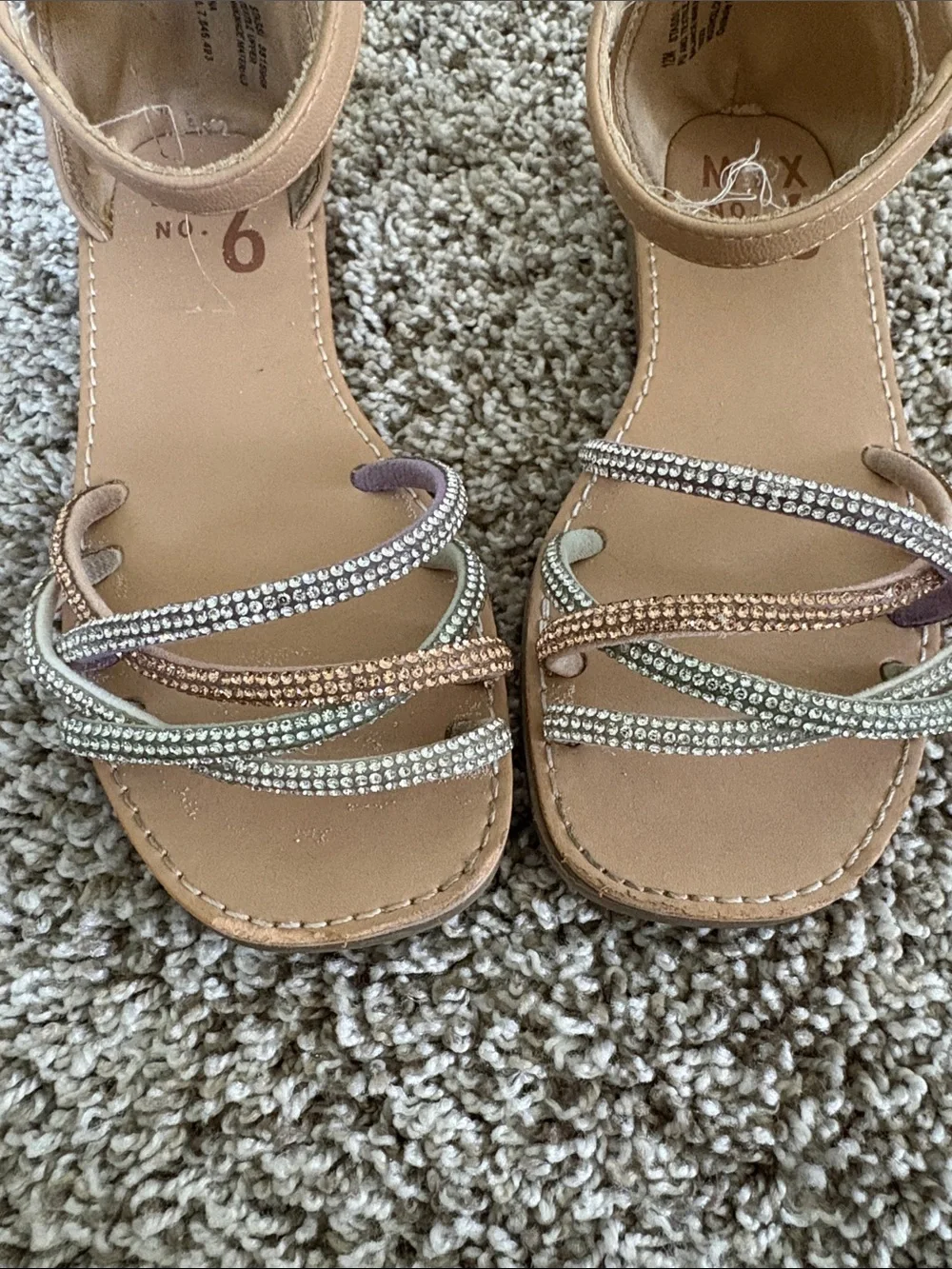 Mix No. 6 Tan Ankle-Strap Sandals with Multicolor Crystal Straps